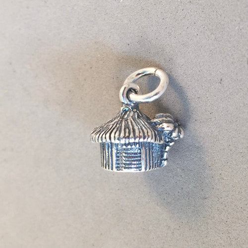 ROUND HUT 3-D .925 Sterling Silver Charm Pendant House South Pacific Island Fiji Tahiti Thatched Straw Hawaii Tiki tr22