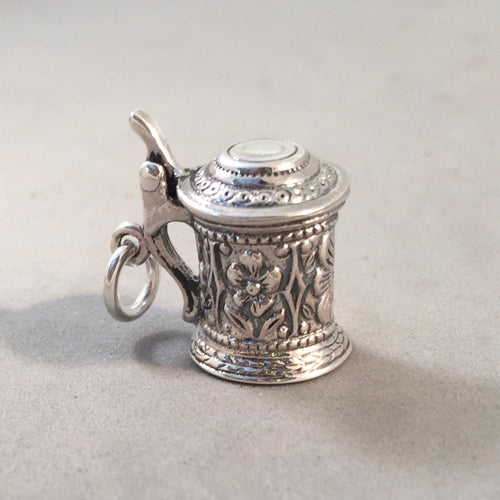 BEER STEIN Opening Lid  .925 Sterling Silver 3-D Charm Pendant Germany Bavaria Oktoberfest tg10