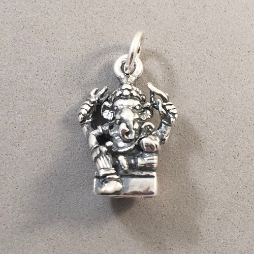 GANESHA 3-D .925 Sterling Silver Charm Pendant Hindu God Ganapati Deities Religion India Ganesh Elephant 4 Arms fa28