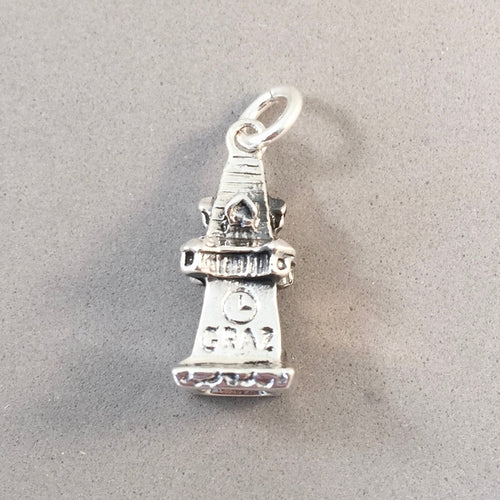 GRAZ CLOCK TOWER .925 Sterling Silver 3-D Charm Pendant Austria Souvenir Europe ts27