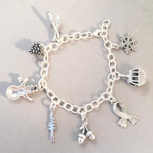 Load image into Gallery viewer, WINTER WONDERLAND BRACELET .925 Sterling Silver Charm Bracelet Snowman Ski Gondola Skis Pinecone Acorns Snowflake Scarf Fir Tree