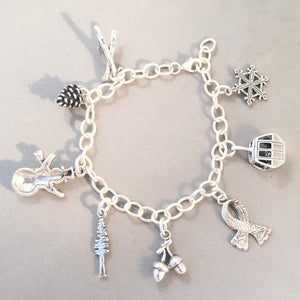 WINTER WONDERLAND BRACELET .925 Sterling Silver Charm Bracelet Snowman Ski Gondola Skis Pinecone Acorns Snowflake Scarf Fir Tree