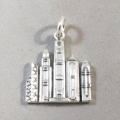 HONG KONG SKYLINE .925 Sterling Silver Charm Pendant Skyscrapers Buildings China Asia Travel Souvenir ta39