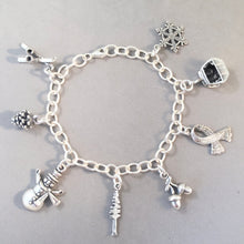 Load image into Gallery viewer, WINTER WONDERLAND BRACELET .925 Sterling Silver Charm Bracelet Snowman Ski Gondola Skis Pinecone Acorns Snowflake Scarf Fir Tree