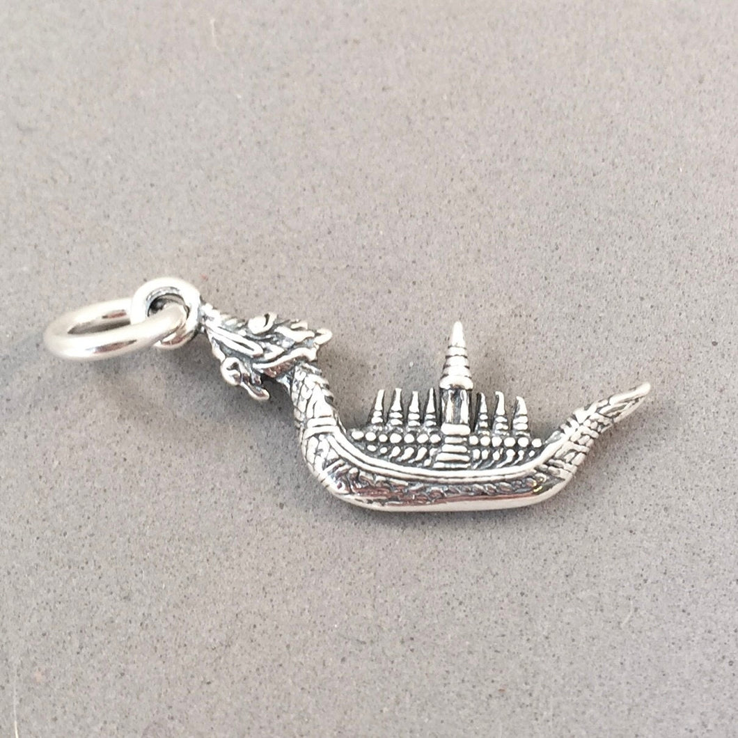 THAI ROYAL BARGE .925 Sterling Silver 3-D Charm Pendant Suphannahong Swan Boat Temple Souvenir ta42