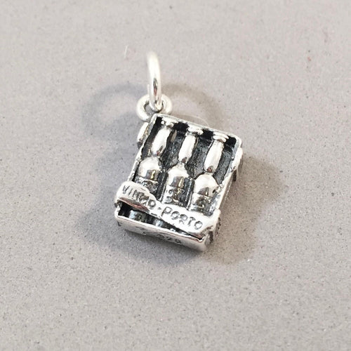 VINHO PORTO .925 Sterling Silver 3-D Charm Pendant Port Portugal Port Wine Bottles Crate Travel Souvenir tp22