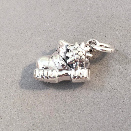 EDELWEISS BOOT .925 Sterling Silver 3-D Charm Pendant Austria Swiss German Hiking Old Style Skiing Flower Oktoberfest Alps Souvenir ts31