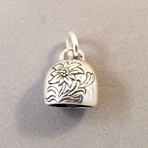 EDELWEISS BELL Etched .925 Sterling Silver 3-D Charm Pendant Cow Flower Moveable Clapper Austria Swiss Souvenir Europe TS33