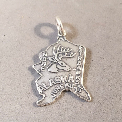 Sale! ALASKA MAP .925 Sterling Silver State Map Charm Travel Souvenir Juneau Fairbanks Nome ST-AK