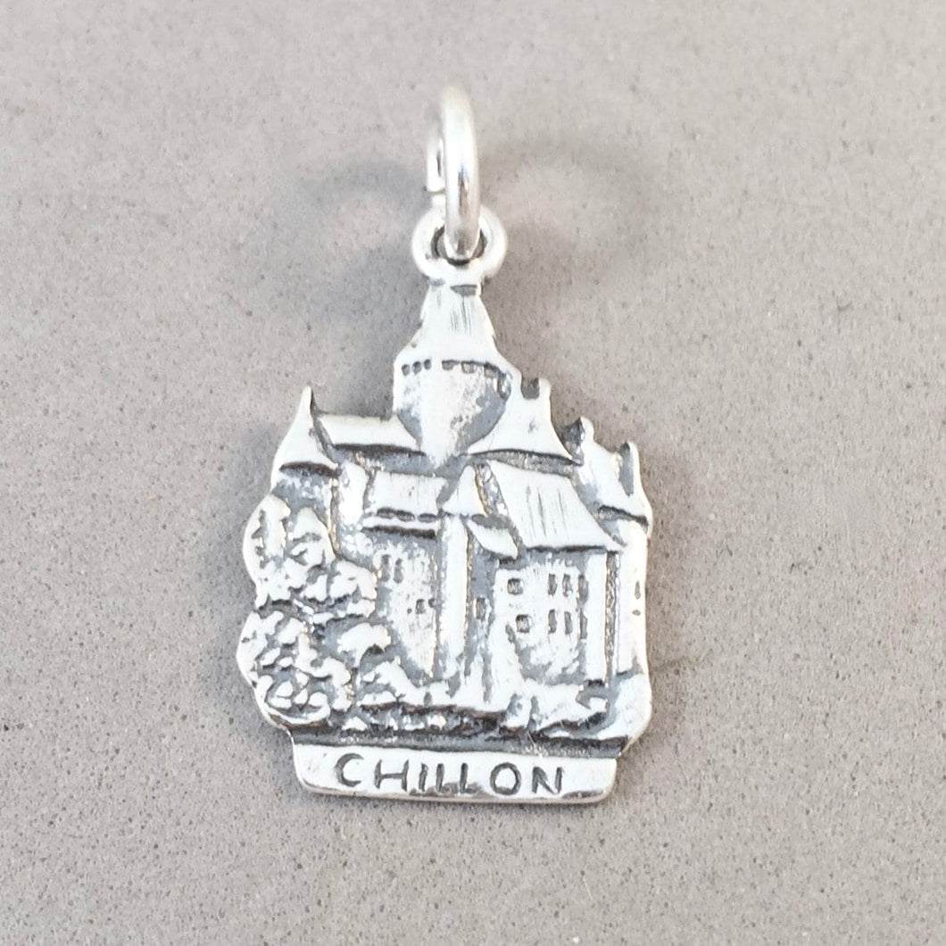 CHATEAU DE CHILLON Montreux .925 Sterling Silver Charm Pendant Double Sided Lake Geneva Switzerland Souvenir Europe TS30