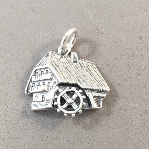 SCHWARZWALD FARMHOUSE with Water Mill .925 Sterling Silver 3-D Charm Pendant Black Forest Europe Germany TG36