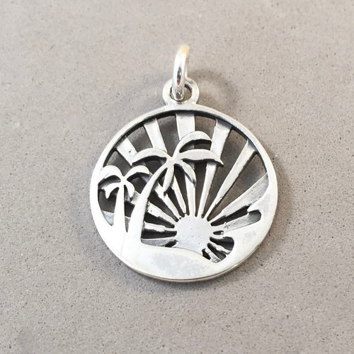 SUNRISE BEACH .925 Sterling Silver Charm Pendant Palm Trees Sunset Vacation MY21