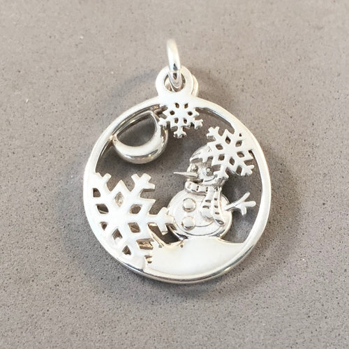 SNOWMAN, SNOWFLAKES & MOON .925 Sterling Silver Charm Pendant Moveable Double Layer Snow Globe Frosty HL24