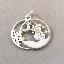 Load image into Gallery viewer, SNOWMAN, SNOWFLAKES &amp; MOON .925 Sterling Silver Charm Pendant Moveable Double Layer Snow Globe Frosty HL24