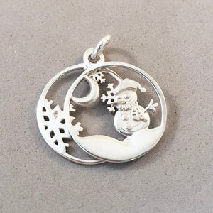 SNOWMAN, SNOWFLAKES & MOON .925 Sterling Silver Charm Pendant Moveable Double Layer Snow Globe Frosty HL24