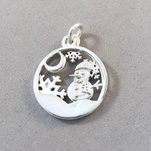 Load image into Gallery viewer, SNOWMAN, SNOWFLAKES &amp; MOON .925 Sterling Silver Charm Pendant Moveable Double Layer Snow Globe Frosty HL24