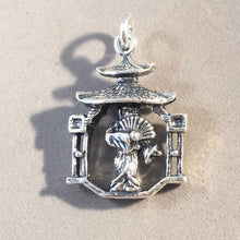 Load image into Gallery viewer, GEISHA in Pagoda .925 Sterling Silver 3-D Charm Pendant Asian Japan Japanese Dancer Lady Girl TA46