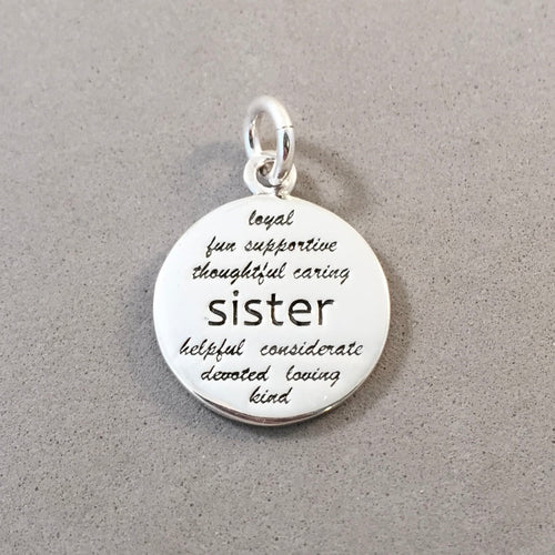 SISTER .925 Sterling Silver Charm Pendant Inspirational Sayings Words Kind Devoted Caring Loving Fun MY07