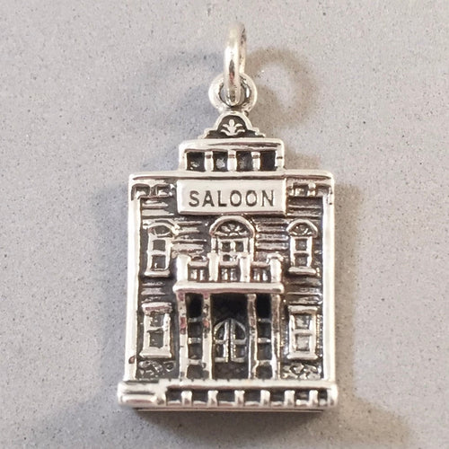 SALOON .925 Sterling Silver Large Charm Pendant Storefront Historic Old Town Bar Tavern HM24