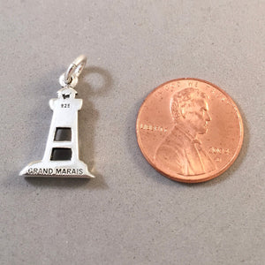 GRAND MARAIS LIGHTHOUSE .925 Sterling Silver Charm Pendant Artist Point Lake Superior Minnesota Sign TU54