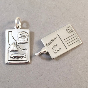 Greetings from IDAHO Postcard .925 Sterling Silver Charm Pendant Map Mountain Sack of Potatoes Cutthroat Trout Souvenir PC-ID