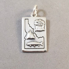 Load image into Gallery viewer, Greetings from IDAHO Postcard .925 Sterling Silver Charm Pendant Map Mountain Sack of Potatoes Cutthroat Trout Souvenir PC-ID
