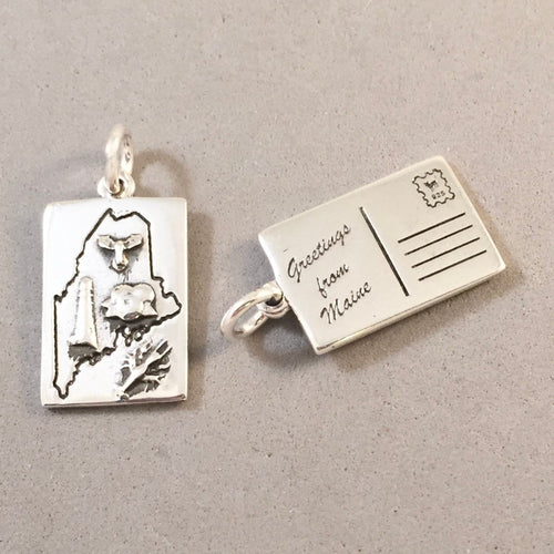 Greetings from MAINE Postcard .925 Sterling Silver Charm Pendant Map Moose Lighthouse Blueberries Lobster Souvenir PC-ME