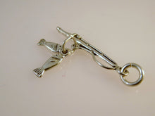 Load image into Gallery viewer, FISHING POLE .925 Sterling Silver 3-D Charm Pendant Reel Rod &amp; 2 Fish Caught Lake River nt12