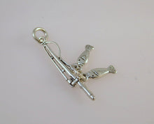 Load image into Gallery viewer, FISHING POLE .925 Sterling Silver 3-D Charm Pendant Reel Rod &amp; 2 Fish Caught Lake River nt12