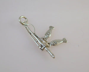 FISHING POLE .925 Sterling Silver 3-D Charm Pendant Reel Rod & 2 Fish Caught Lake River nt12