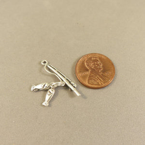 FISHING POLE .925 Sterling Silver 3-D Charm Pendant Reel Rod & 2 Fish Caught Lake River nt12