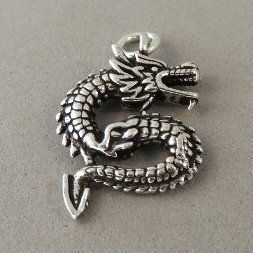 DRAGON .925 Sterling Silver Double Sided Charm Pendant Fantasy Mythical Animal Chinese MY23