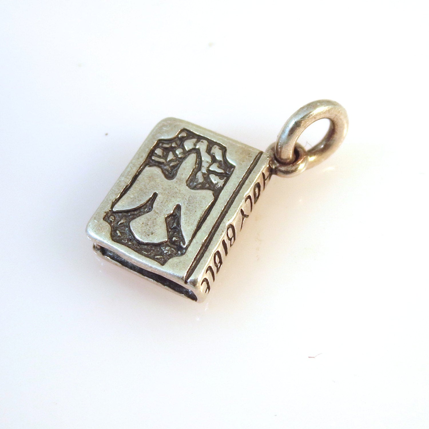 thumbnail interactive-video image 1 of Sterling Silver Bible Charm With Cross & Dove – 2-Sided Pendant, .925, Made USA 1 of 6