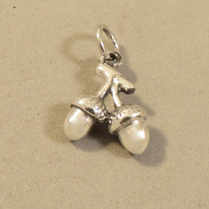 ACORNS Two hanging on a Branch .925 Sterling Silver 3-D Charm Pendant Squirrel ga50